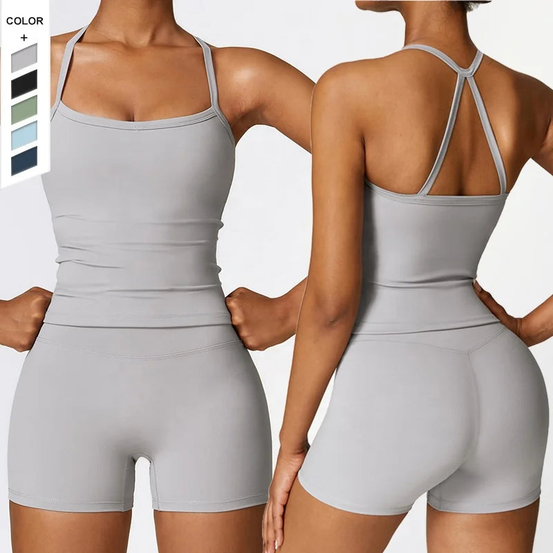 European and American Tight Yoga Vest Shorts Set Quick Drying Sports Beautiful Back Women's Yoga Set