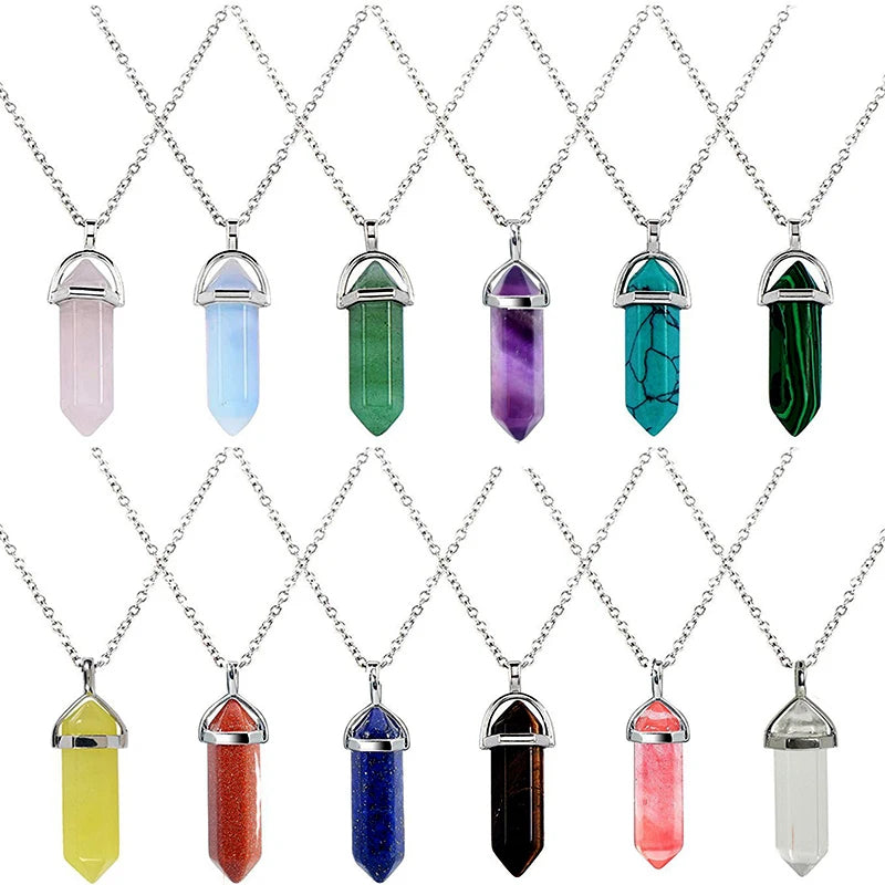 Fashion Real Amethyst Turquoise Tiger Eyes Quartz  Hexagon Natural Stone Pendant Necklace Jewelry for Woman