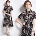 Casual Loose Lapel Waist Ink Print Plus Size Dress Women's Clothing Spring New