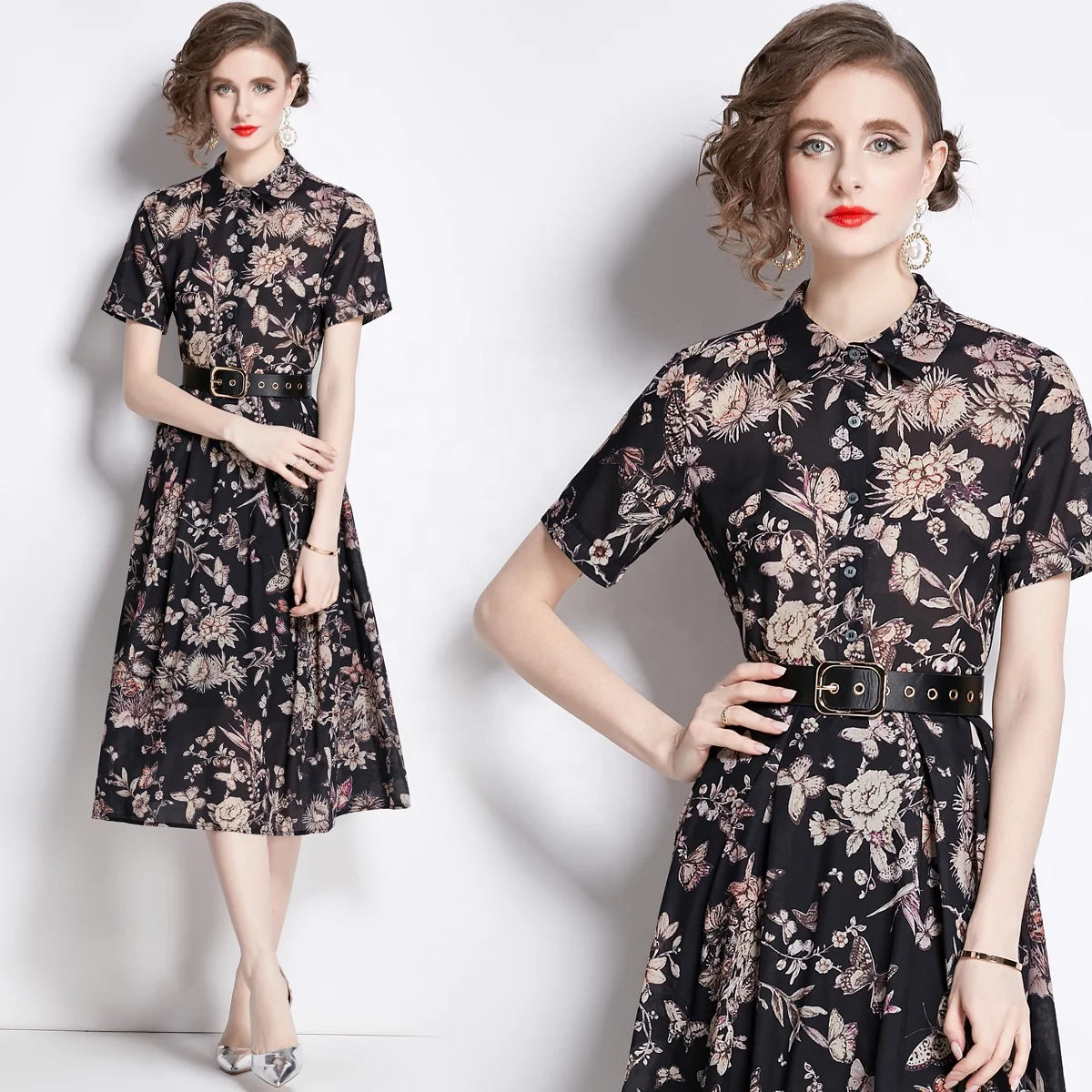 Casual Loose Lapel Waist Ink Print Plus Size Dress Women's Clothing Spring New