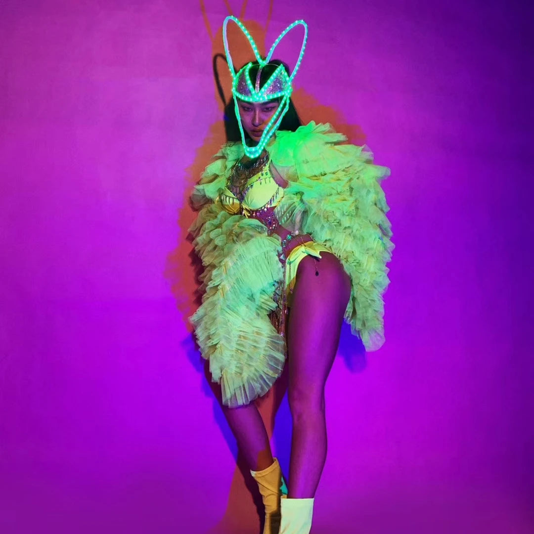 Fluorescent Green Bikini Women Costume Suit Jacket Body Chain Nightclub Bar Stage Model Catwalk  Stage Dance Party Singer armor