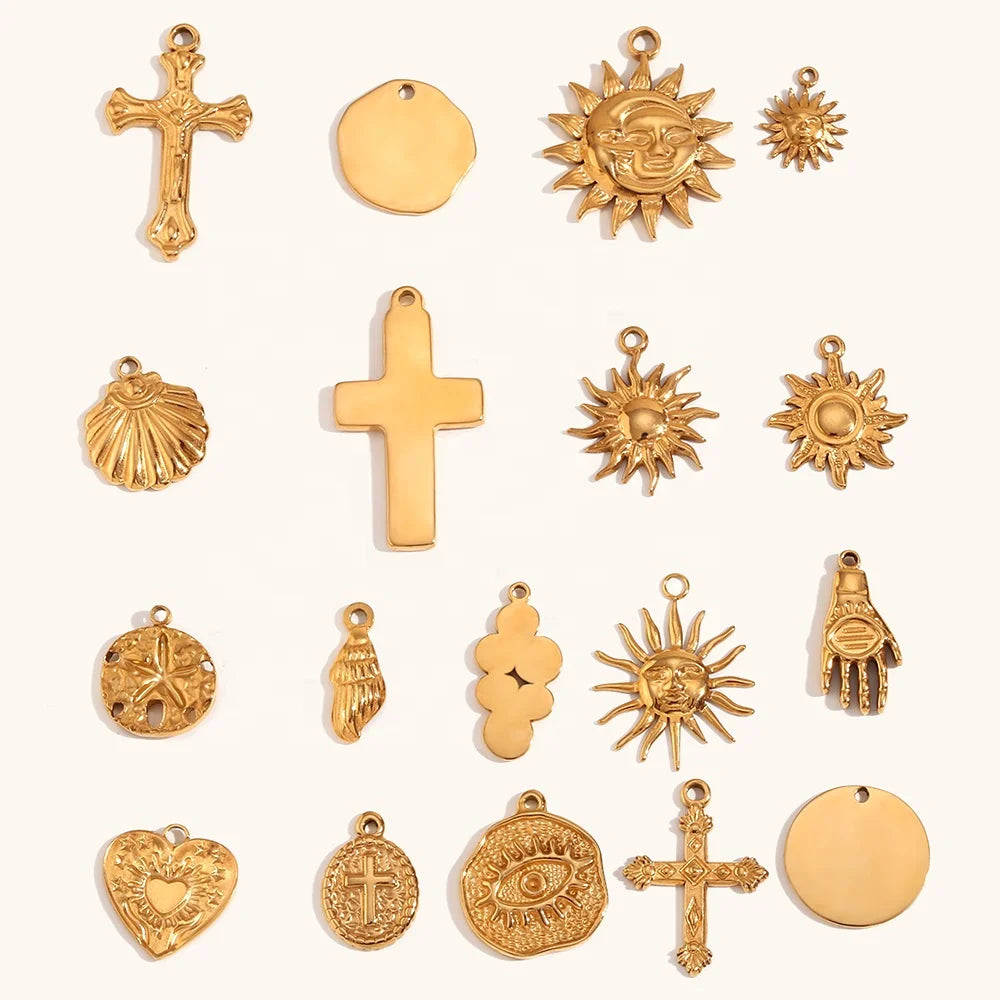Dingran Wholesale Gold Plated Cross Heart Sun Pendants Charms Stainless Steel Charms for Jewelry Making