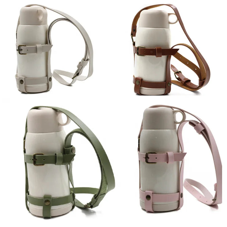 High-End Beverage Cup Leather Sleeve Thermos Cup Sling Bag Adjustable Cu-p Holder Drink Cups Crossbody Bag Water Bottle Carrier