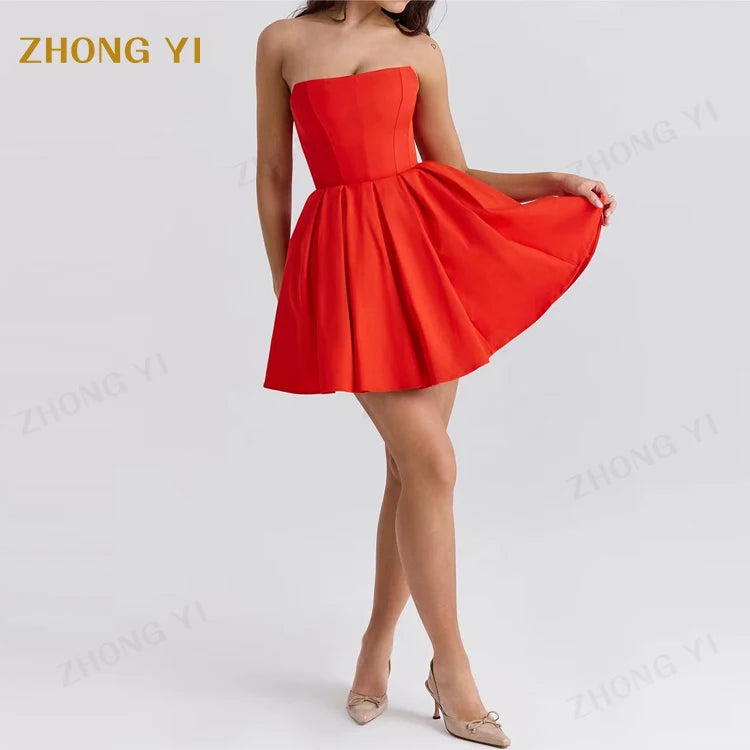 Manufacture Custom Colour Length Summer Women Lady Vintage Strapless Pleated Bodycon Corset Mini Dress Bone Bodice Stylish Skirt