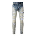 Men's Slim Fit Ripped Distressed Stretch Jeans Wholesale White Patch Rhinestone Denim Trousers Vintage Hip Hop Streetwear