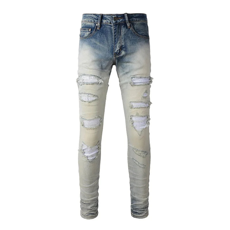 Men's Slim Fit Ripped Distressed Stretch Jeans Wholesale White Patch Rhinestone Denim Trousers Vintage Hip Hop Streetwear