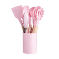 12PCS Wooden Handle Spoon Spatula Kitchen Silicone Utensil Set Non-Stick Cookware Tools With Storage Bucket