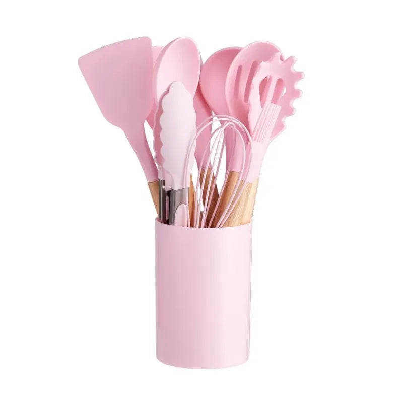 12PCS Wooden Handle Spoon Spatula Kitchen Silicone Utensil Set Non-Stick Cookware Tools With Storage Bucket