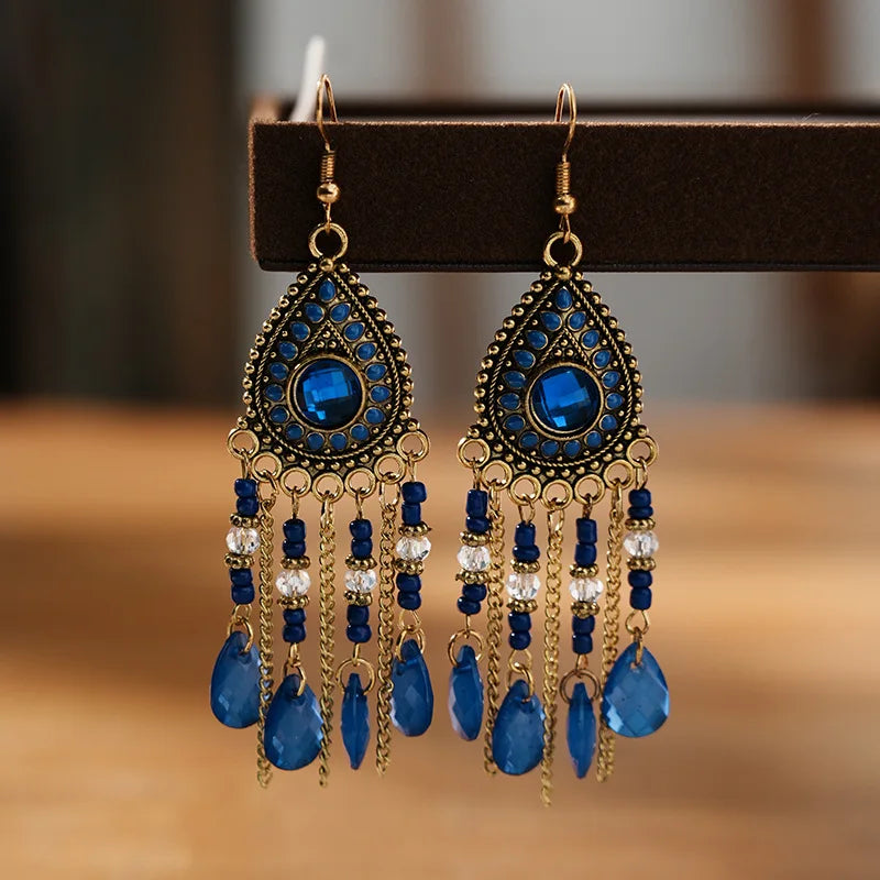 Bohemian Antique Gold Color Long Water Drop Tassel Earrings for Women Vintage Colorful Geometric Drop Dangle Earrings Jewelry
