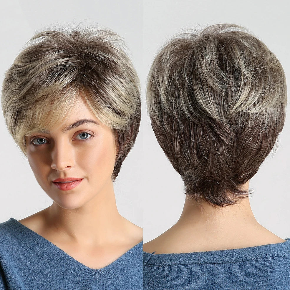 HAOLING Wig Manufacturer Dark Root Ombre Brown Blonde Short Hair Wigs Fluffy Pixie Cut Synthetic Rose Mesh Wig