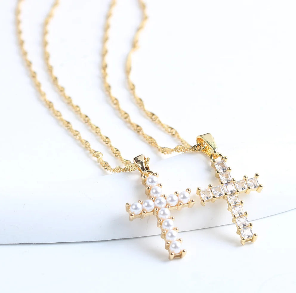 Dainty 18k Gold Plated Small Diamond Pearl Cross Zircon Necklace Pendant for Women