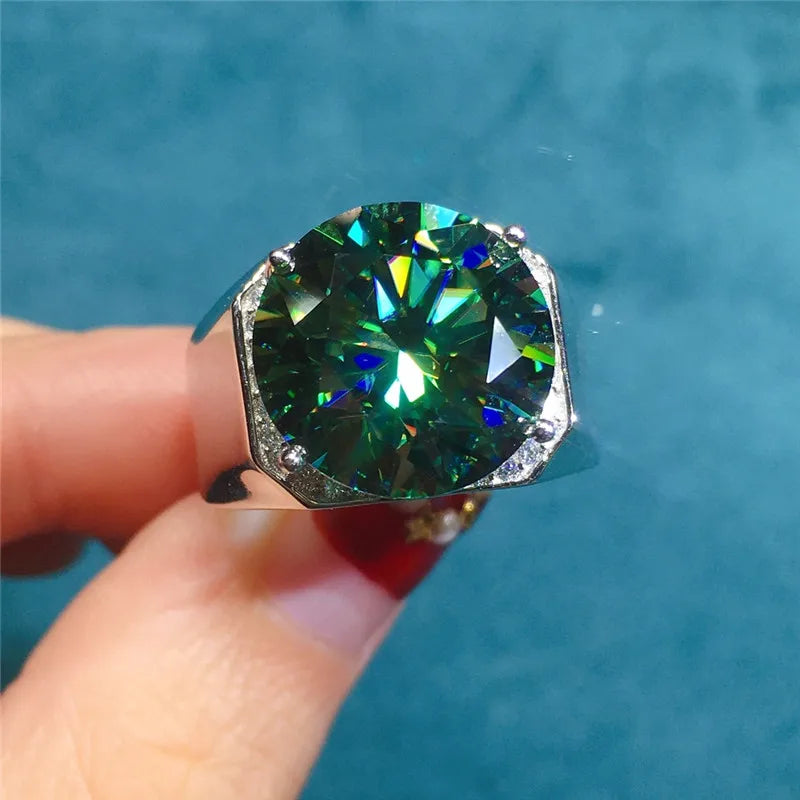 Men's Silver 925 Original 10 Carat Brilliant Cut Diamond Test Past Sparkling Green Moissanite Wedding Ring Gemstone Jewelry