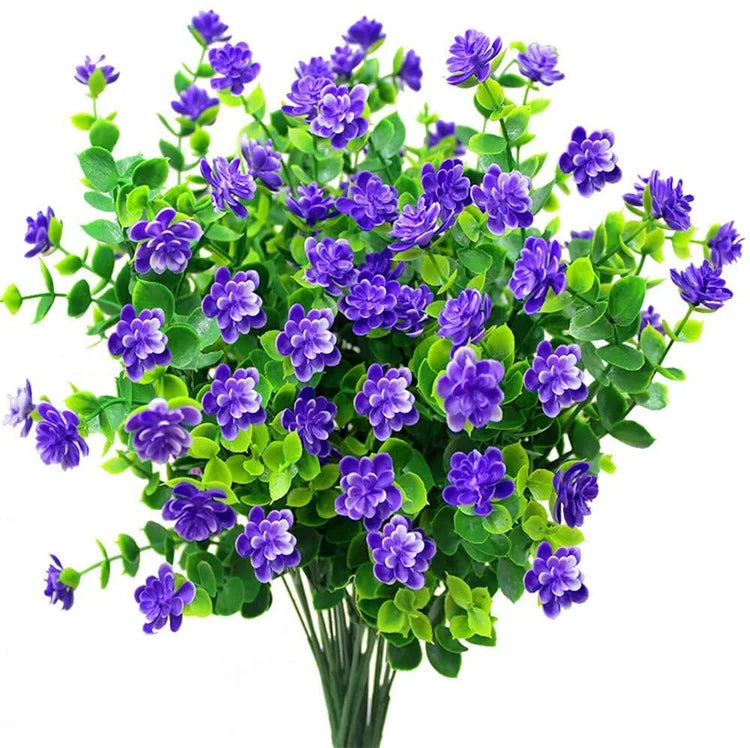 N-0054 9 Bundles Yellow Purple Plastic Shrubs Artificial Flowers Hanging Plants UV Resistant