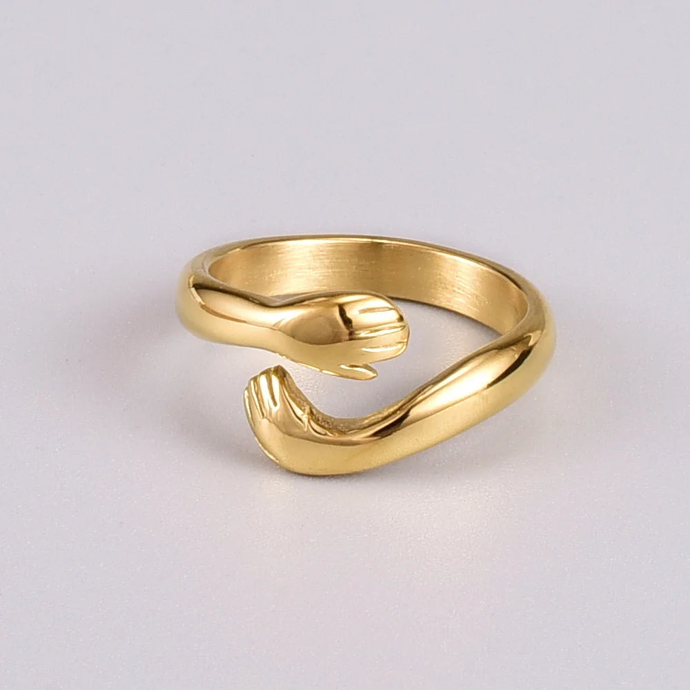 Funny Jewelry New Hyperbole 18K Gold Plated Ring Double Hand Hug Round Stainless Steel Finger Ring for Women