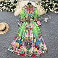 LW0691Casual Women'S Dresses Women'S High-End Elegant Stand-Up Collar Waist Lantern Sleeve Printed Pleated Long Skirt