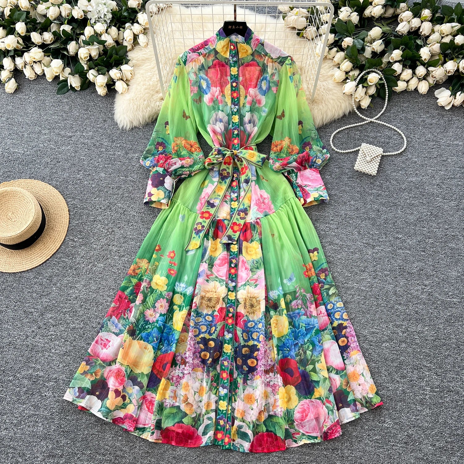 LW0691Casual Women'S Dresses Women'S High-End Elegant Stand-Up Collar Waist Lantern Sleeve Printed Pleated Long Skirt