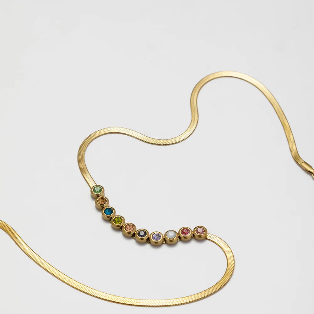 Ins Temperament Stainless Steel Jewelry Waterproof 18K Gold Plated Flat Snake Chain Inlaid Colorful Zircon Necklace YF3215