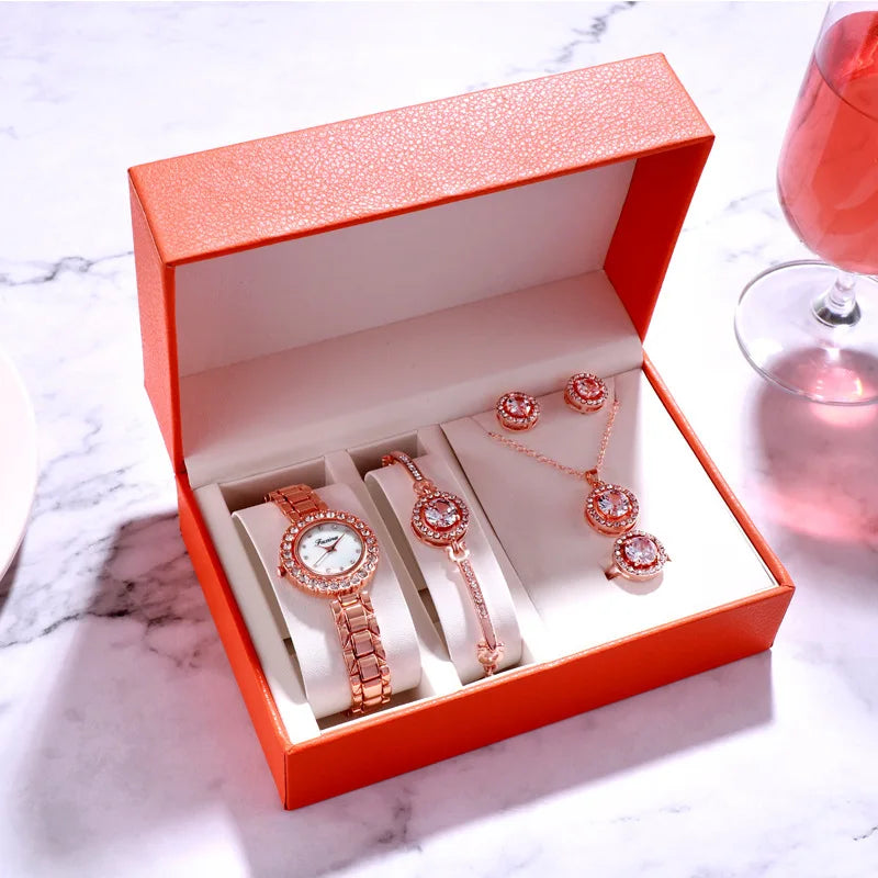 2025 Fashion Rose Gold Zircon Charm Bracelet Gift Watch Set Rhinestone Necklace Watch Set for Women