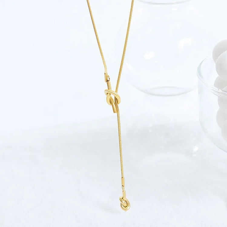 Simple Lariat Y Shape Knotted Pendant Long Necklace Stainless Steel Adjustable Snake Chain Sweater Y Necklace