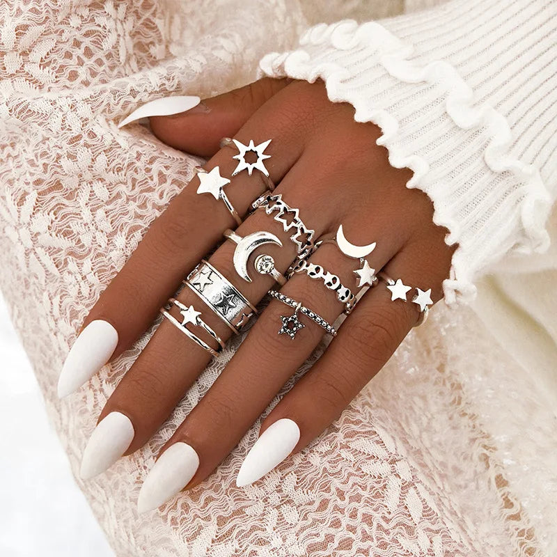 10pcs/Set Geometric Five-pointed Star Opening Adjustable Combination Set Ring Star Moon Pendant Ring Female
