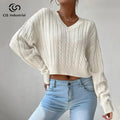 Women's Casual Long Sleeve Knitwear Sweater with V-Neck Drop Shoulder New Fashion Hemp Flowers Twist Design Sweaters Shorts