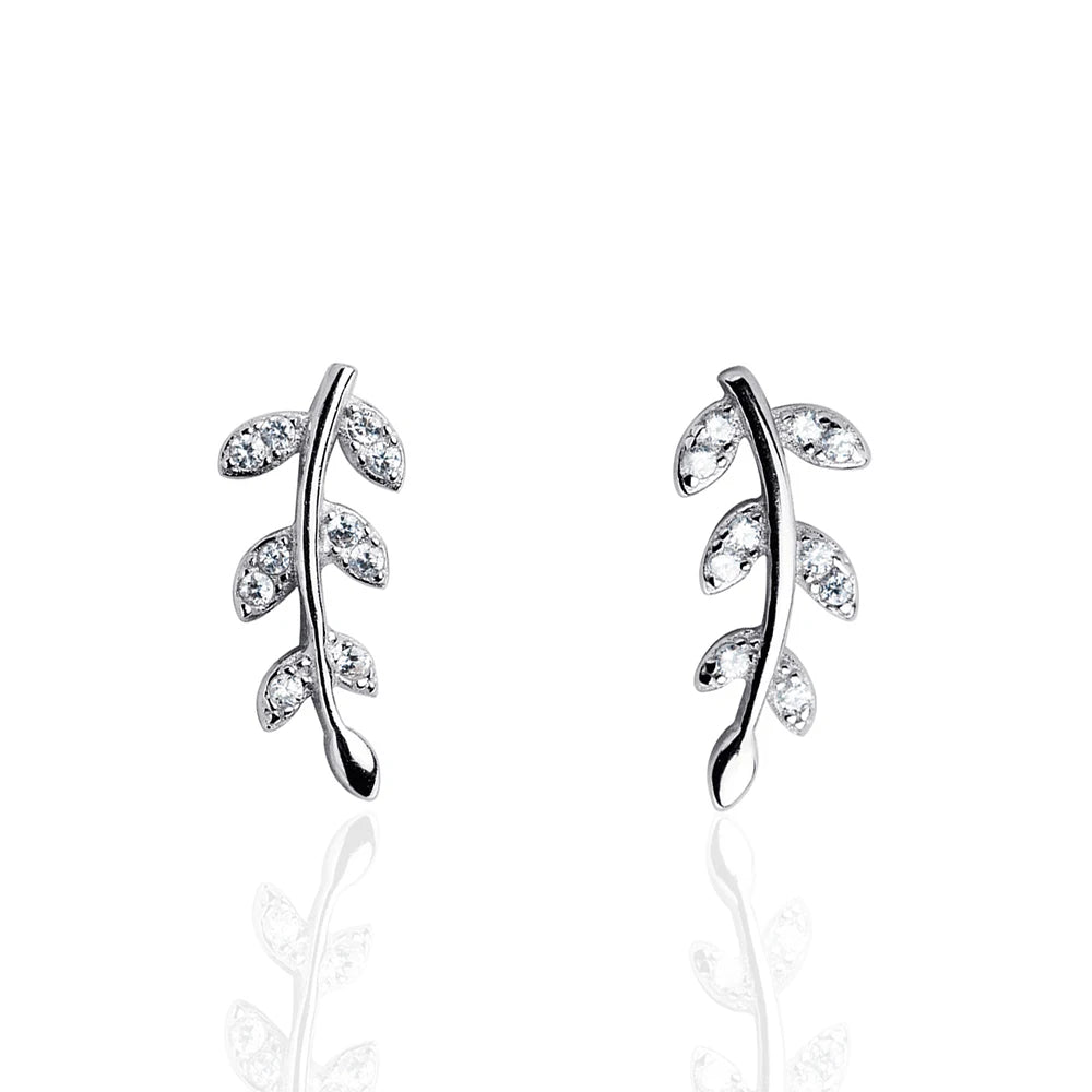 Sterling Silver 925 Silver Cubic Zircon Leaf Stud Earrings Designer Handmade Small Post Earrings Sparkling Leaf Stud Earrings