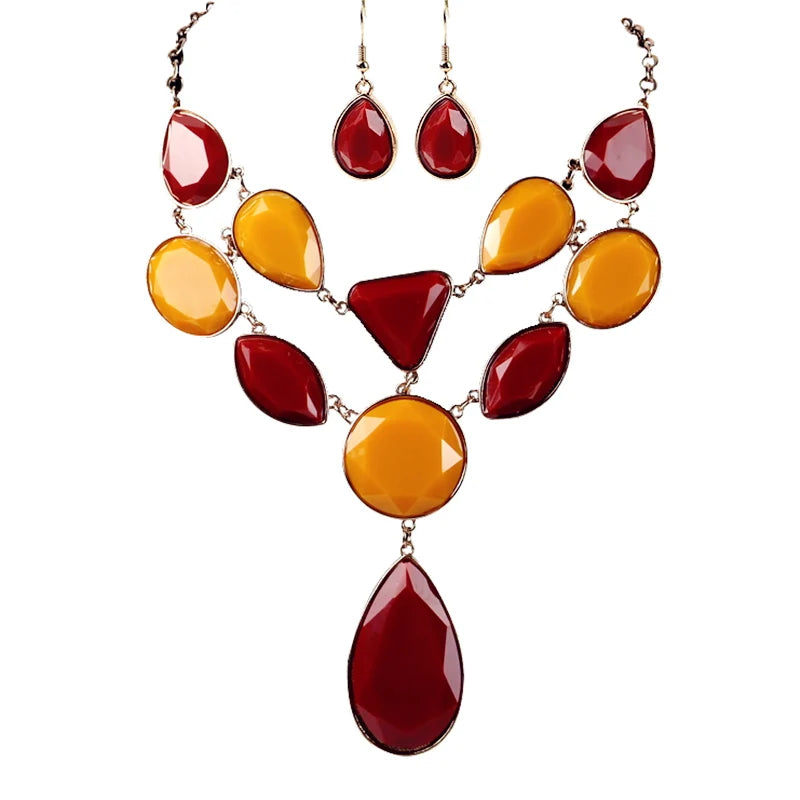 Vintage Classic Jewelry Set Stone Resin Necklace Earrings Set Party Ornaments Multilayer Ruby Agate Natural 1 Piece Beads Chains