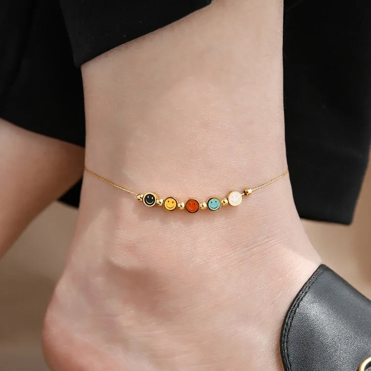 Minimalist 18K Gold Plated Anklet Beads Enamel Smile Face Anklet 316L Stainless Steel Anklets for Women