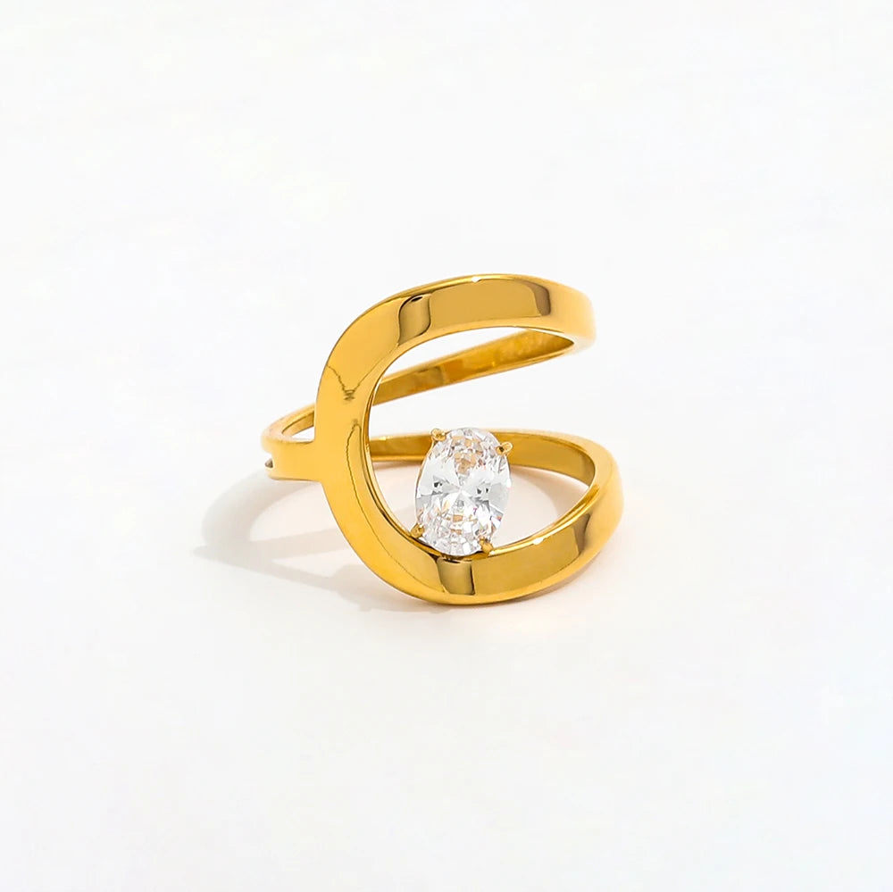 18K High End Plain Gold Stainless Steel Double-Layer Band Rings Dainty Goose Egg Zirconia Simple Trendy Unisex Jewelry Parties