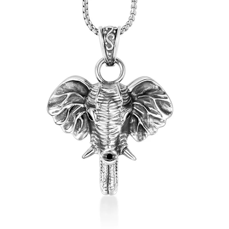Lucky Jewelry Antique Silver Elephant Head Has Long Nose and Teeth Charm Elephant Necklace for Men or Women Gift