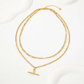 Fine 18K Gold Plated Stainless Steel Link Chain Double Layer Necklace Hip Hop T-Stick Pendant Necklace Fashion Men Women Jewelry
