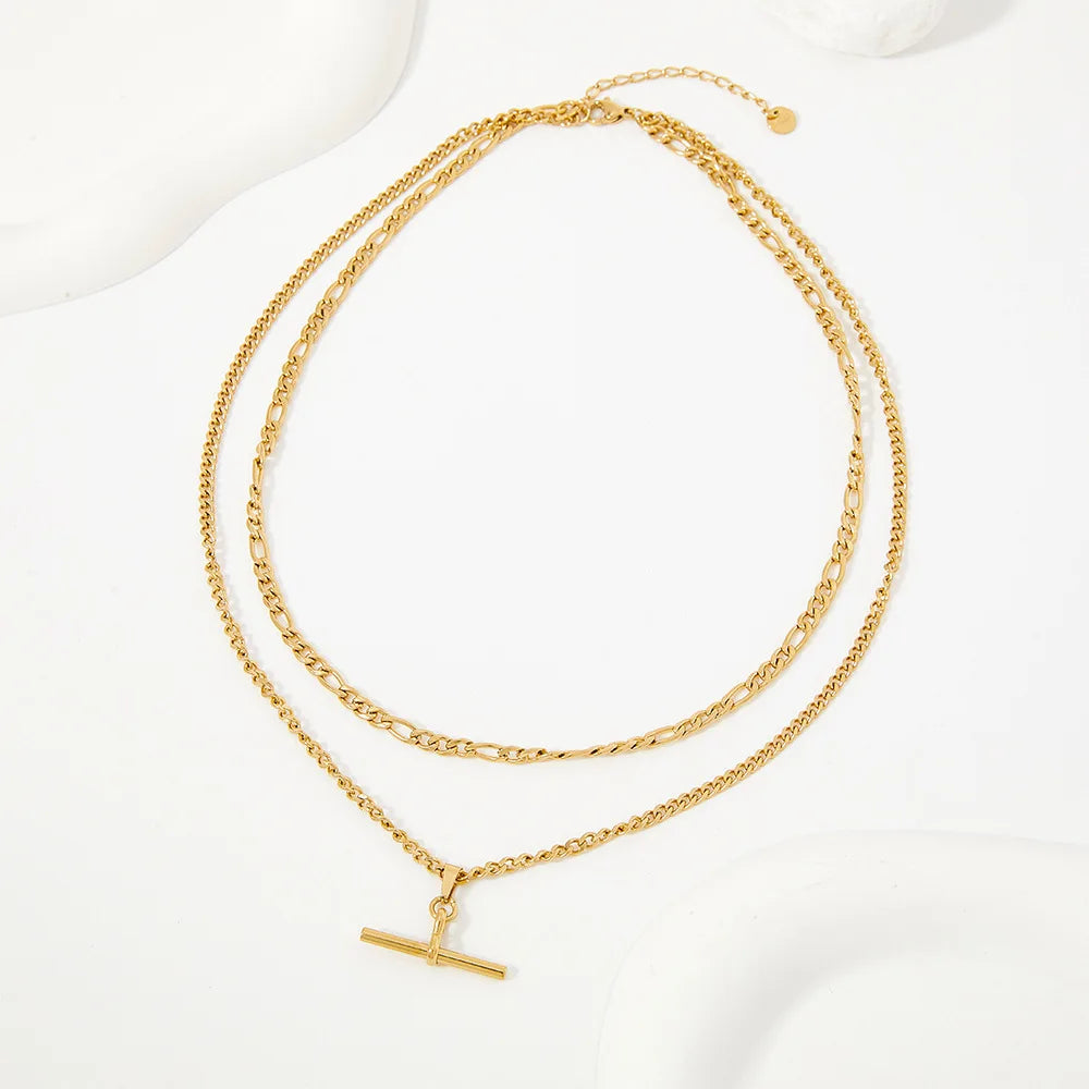 Fine 18K Gold Plated Stainless Steel Link Chain Double Layer Necklace Hip Hop T-Stick Pendant Necklace Fashion Men Women Jewelry