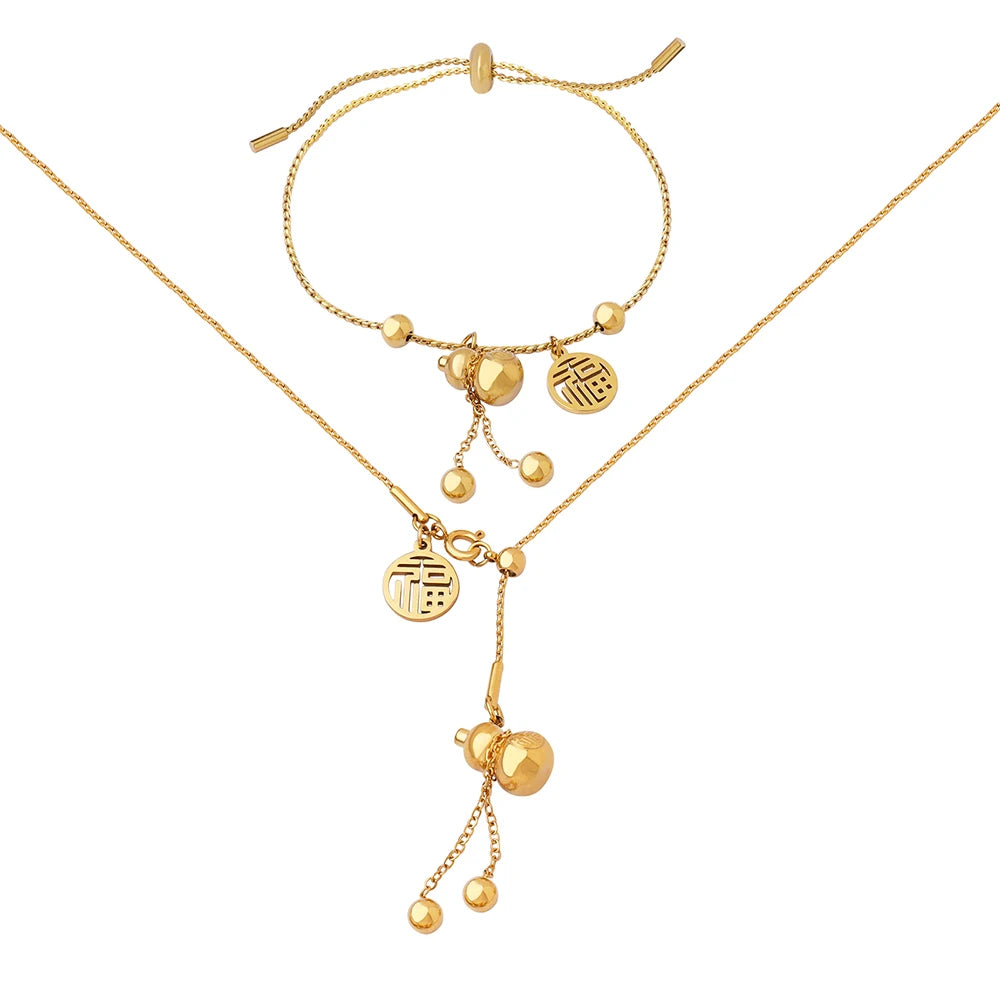 Ethnic Style Gourd Tassel Necklace Bracelet Adjustable Set Jewelry