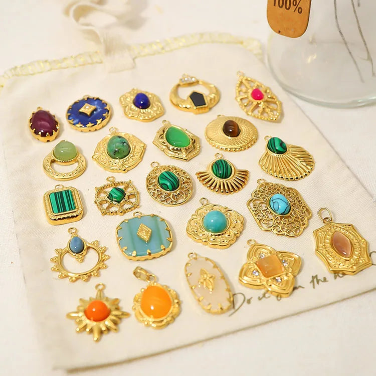 S1203 Vintage 18K Gold Plated Stainless Steel Filigree Jewelry Supplies Gemstone Stone Star Moon Sun Burst Charm Pendants