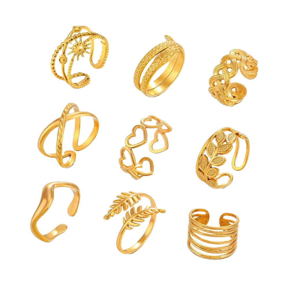 Wholesale Accessories Women Rings Waterproof Jewelry Textured Open Bands Heart Leaf Designer Gold Plated Adjustable Rings