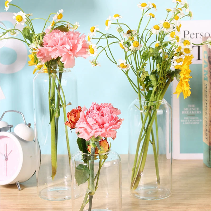 Modern Style Transparent Striped Borosilicate Glass Cylinder Tabletop Vase for Wedding Home Decor