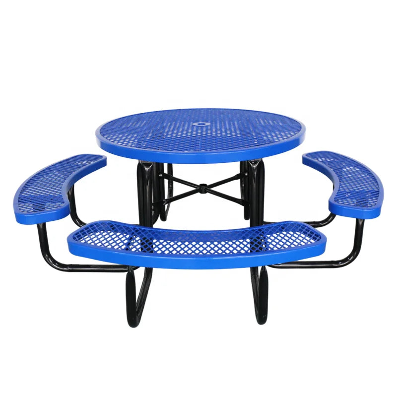 Outdoor Commercial  Round 8 Seater Expanded Metal Picnic Table Garden Furniture Steel Dining Table Patio Coffee Table with Bench