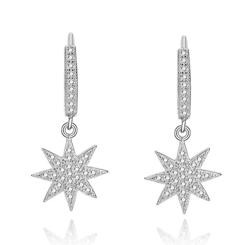 925 Sterling Silver Women's Diamond Zircon Long Tassel Hoop Earrings Fashion Hexagon Star Design Fine Jewelry