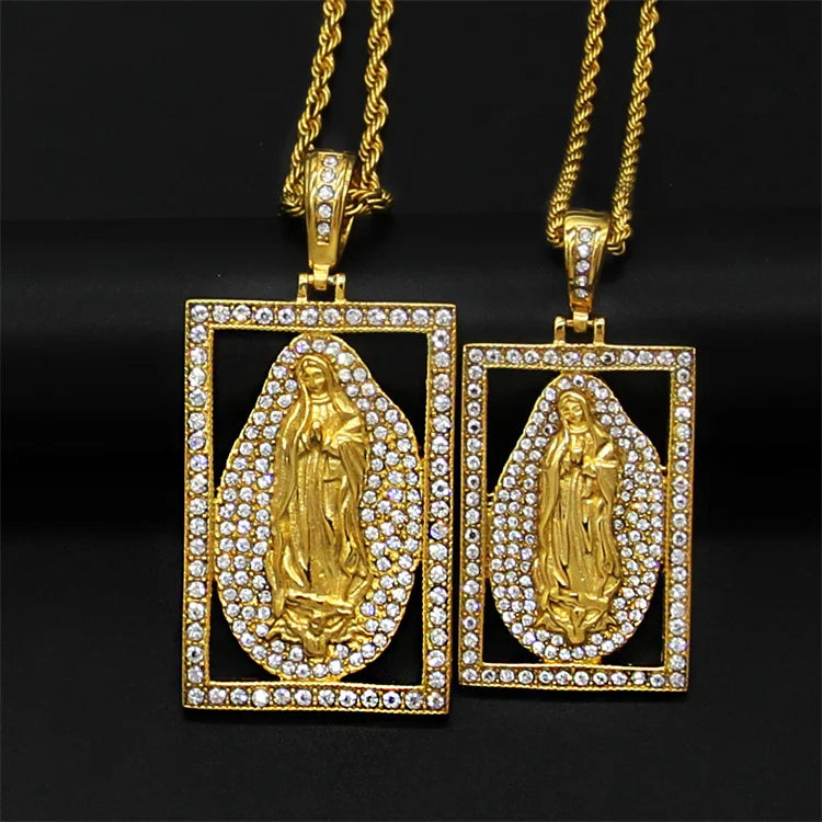Popular Hiphop square Frame Religious Charm Cubic Zirconia Virgin Mary Stainless Steel Pendant Necklace