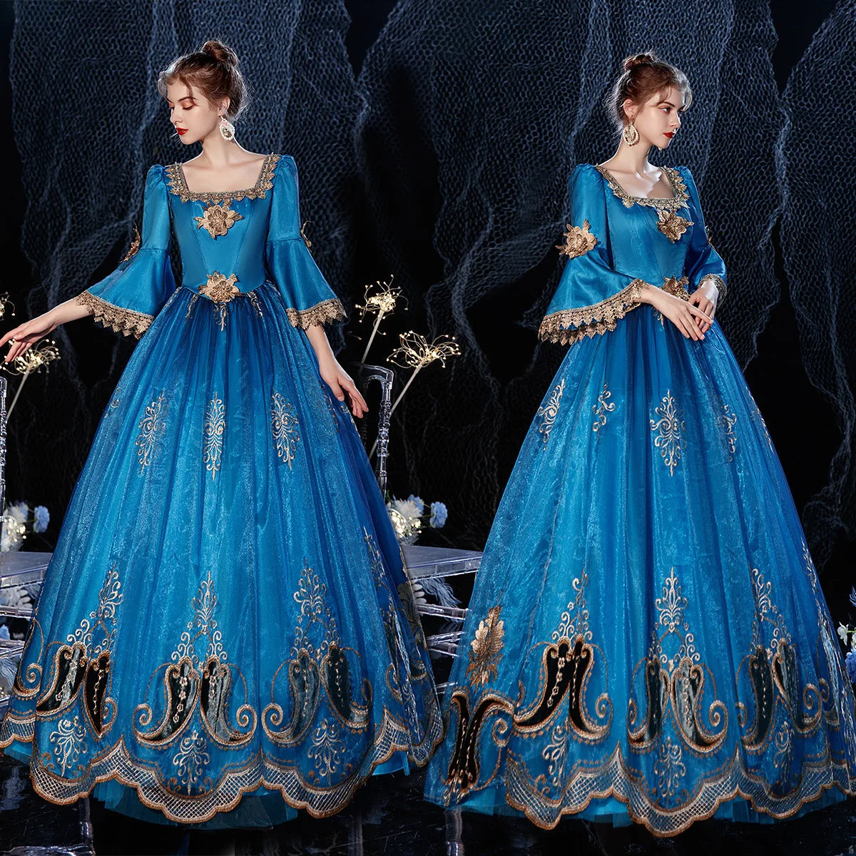 Carnivale Blue Peacock Sparkle Gown Women's Marie Antoinette Dress Inspiration Maiden Costume Labyrinth Carriage Gown