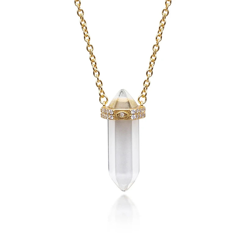 Gemnel New Arrival Recycled Sterling Silver Evil Eye White clear Quartz Crystal Diamond Necklace