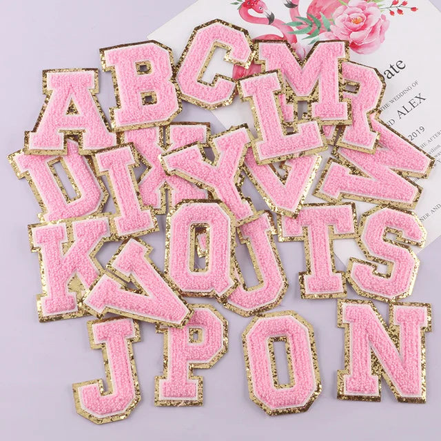Stock Neon Green with Gold Border English Letter A-Z Iron on Adhesive Repair Alphabet Sewing Appliques Clothing Chenille Patch