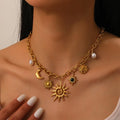 New Bohemian Style 18K Gold-Plated Stainless Steel Pendant Necklace Trendy Summer Sun/Moon/Stars Anti-Tarnish Jewelry