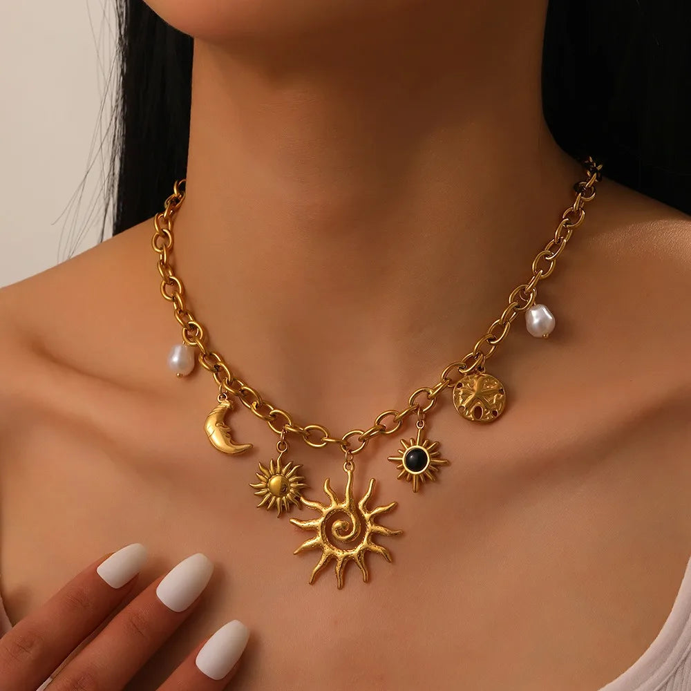 New Bohemian Style 18K Gold-Plated Stainless Steel Pendant Necklace Trendy Summer Sun/Moon/Stars Anti-Tarnish Jewelry