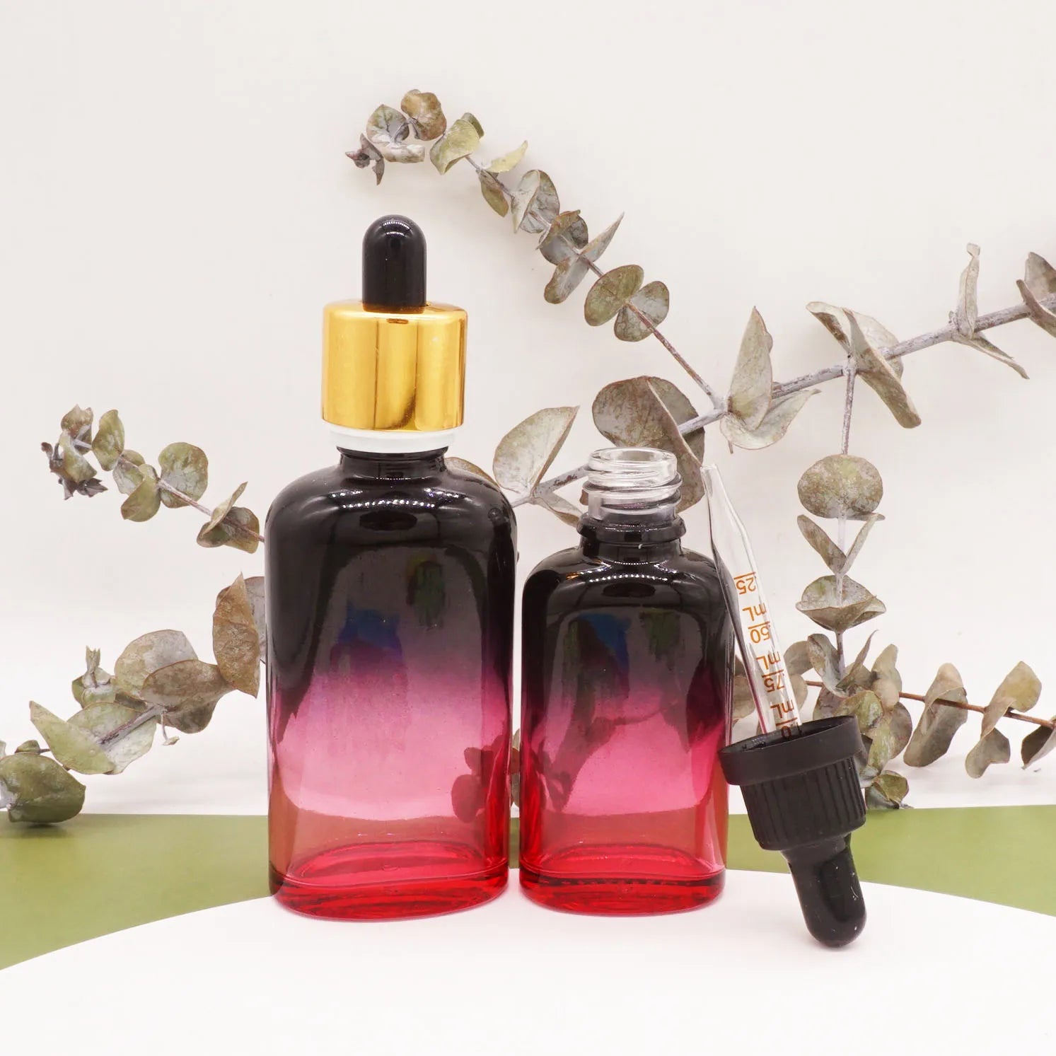 50ml Black Red Gradient Oblate Gold Serum Bottle with Rose Gold Spray Lid