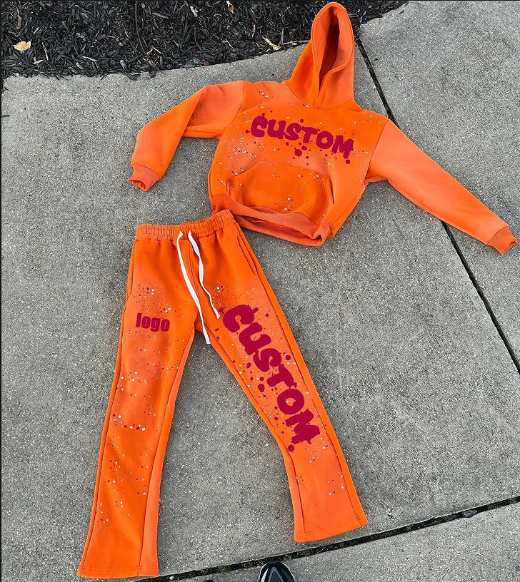 Custom Logo Heavyweight Sun Faded Cotton Splash Hoodie and Flared Pant Sets Acid Wash Tracksuit Sweatsuit for Men