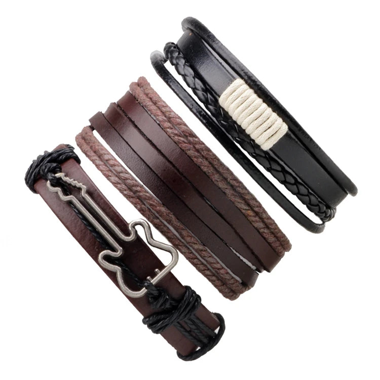 Vintage Handmade Adjustable Charm Guitar Leather Bracelet Set Jewelry for Men