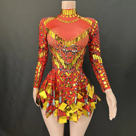 Sexy Hot New Latin Dance Performance Competition Costume Women's Colorful Sequins Adult Dance Long Sleeve Dress Set
