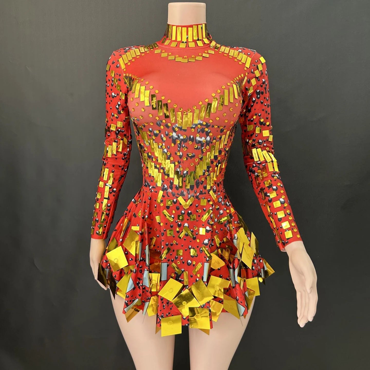 Sexy Hot New Latin Dance Performance Competition Costume Women's Colorful Sequins Adult Dance Long Sleeve Dress Set