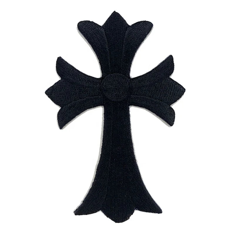 Wholesale Top Quality Full Embroidery Texture Black Color Iron on Adhesive Christian Jesus Embroidered Cross Patch